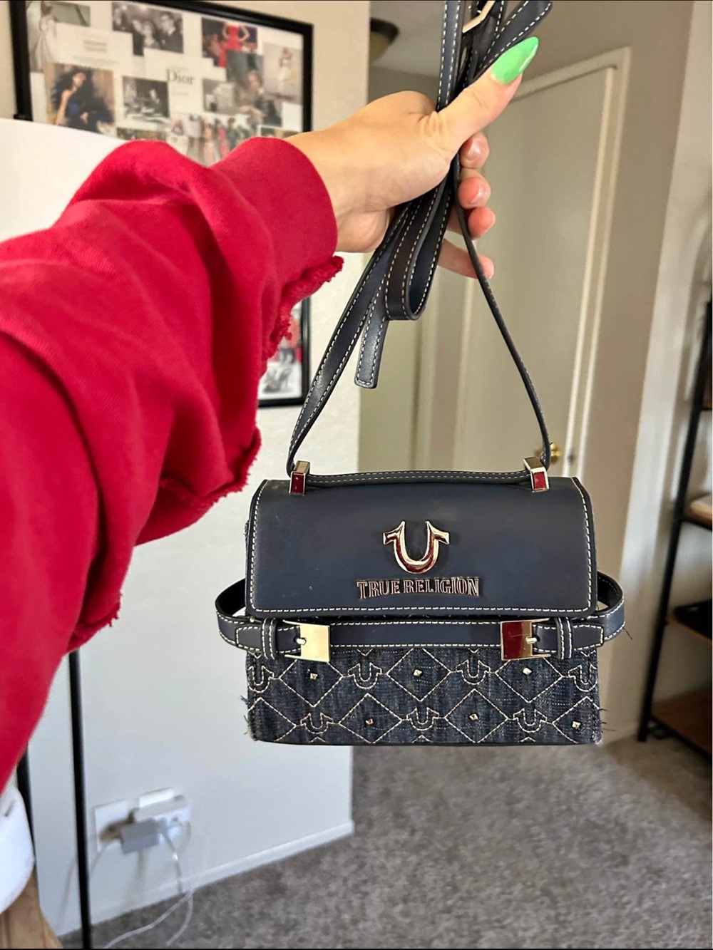 True Religion Navy Denim & Leather Crossbody Bag